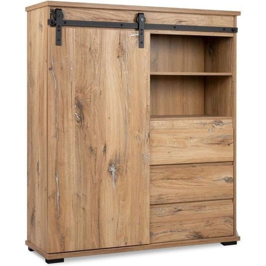 MANZANO dressoir - Flagstaff eiken decor - 1 schuifdeur + 3 laden + 2 nissen - L120 x H140 x D40 cm