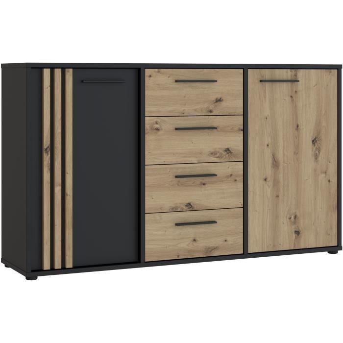 DRESSOIR CARDIGAN 2 deuren, 4 laden - Ambachtelijk eiken en zwart decor - L142,6 x D34,2 x H82,3 cm - Zwarte metalen handgrepen