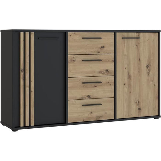 DRESSOIR CARDIGAN 2 deuren, 4 laden - Ambachtelijk eiken en zwart decor - L142,6 x D34,2 x H82,3 cm - Zwarte metalen handgrepen