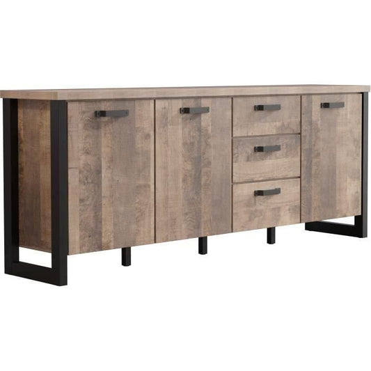 EMILE dressoir - Tabaksbruin eiken en matzwarte melamine - 3 deuren + 3 lades - L214 x D45 x H86 cm - TRENDTEAM