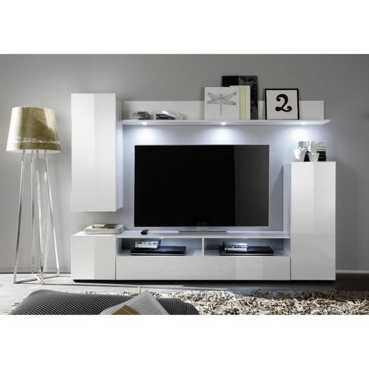 DOS TV-meubelset - 3 Deuren - LED - Mat en glanzend wit melamine - L208 x D33 x H165 cm