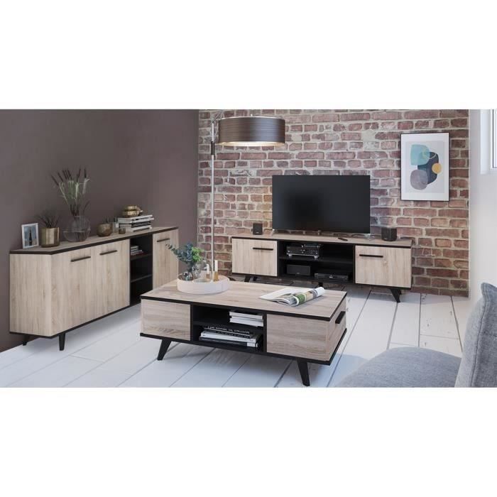 TV Kast Tafel Boffet Tafel Wayne - Melamine - Scandinavische stijl - geborsteld en Black Oak