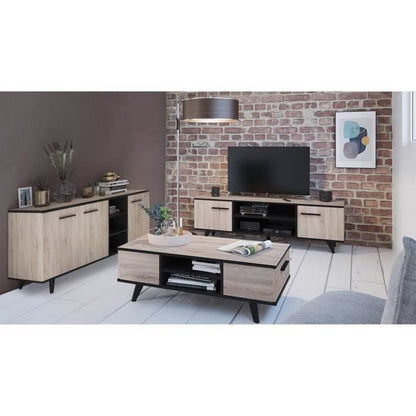 TV Kast Tafel Boffet Tafel Wayne - Melamine - Scandinavische stijl - geborsteld en Black Oak