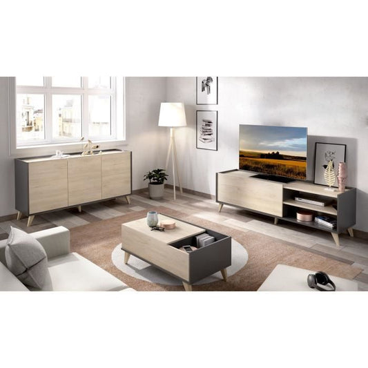 Tv-meubel set met 2 kleppen + dressoir 3 deuren + salontafel - Natuurlijk eiken en grafiet - NESS