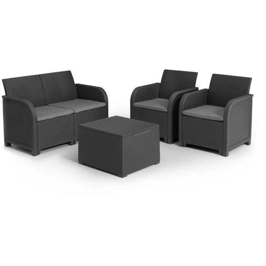 ALLIBERT by KETER - SanRemo Opbergmeubilair voor 4 personen - salontafel, kussens opslag - imitatie geweven rotan - grafiet