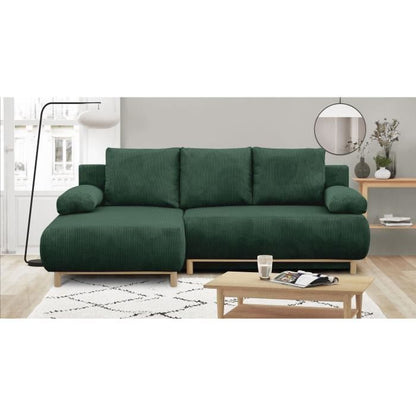 MIKA hoekbank links  3-zits - Donkergroene corduroy stof - Opbergvak - 192 x 84 x 93 cm