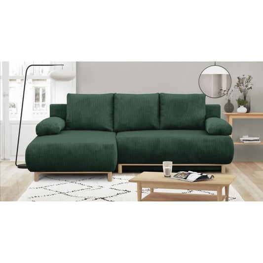 MIKA hoekbank links  3-zits - Donkergroene corduroy stof - Opbergvak - 192 x 84 x 93 cm