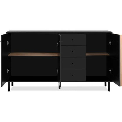 Dressoir - MONZA - Zwart decor / ambachtelijk eikenhout - 3 deuren - 4 laden - 160 x 90 x 40 cm