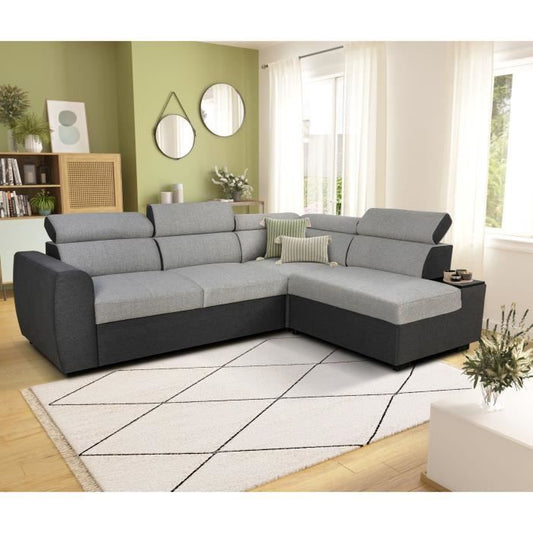 KELIO Reversible hoekbank - 4/5 plaatsen - Antraciet/grijze stof - 3 hoofdsteunen - 245 x 184 x 77/87 cm