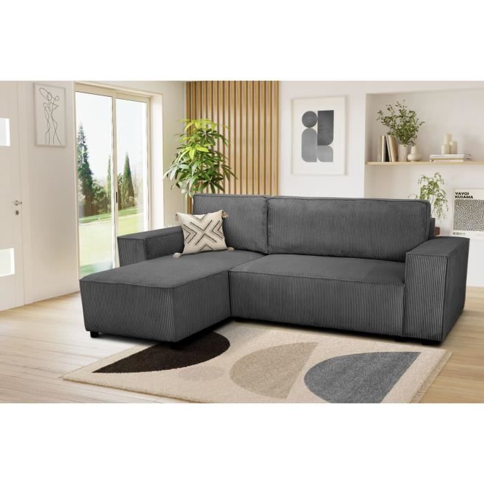 JOSH reversible hoekbank - 4 zitplaatsen  - Geribbelde fluwelen stof - Antraciet - Opbergruimte - 242 x 155 x 86 cm