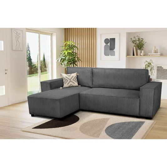 JOSH reversible hoekbank - 4 zitplaatsen  - Geribbelde fluwelen stof - Antraciet - Opbergruimte - 242 x 155 x 86 cm