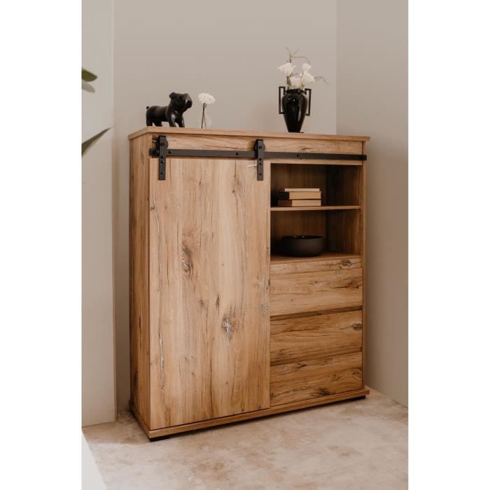 MANZANO dressoir - Flagstaff eiken decor - 1 schuifdeur + 3 laden + 2 nissen - L120 x H140 x D40 cm