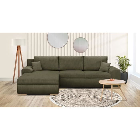 INDIAN hoekbank met 5 zitplaatsen - Khakigroene corduroy stof - Opbergvak - 289 x 94/188 x 88 cm
