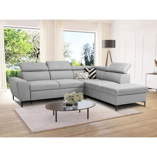 KASIMIR Reversible hoekbank met ladekast - 5 plaatsen - Grijze stof - 258 x 79/98 x 219 cm