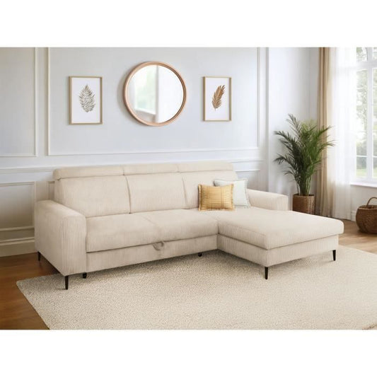 NIZZA Hoekbank met 4 zitplaatsen  - Beige ribfluweel - Opbergruimte - 250 x 166 x 92/104 cm