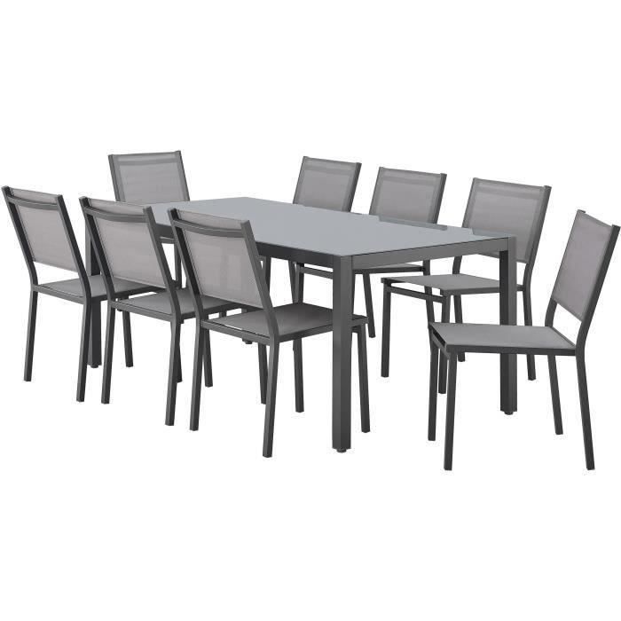 Tuinset: tafel van 180 cm + 8 stoelen - Aluminium structuur - Blad van gehard glas - Grijs