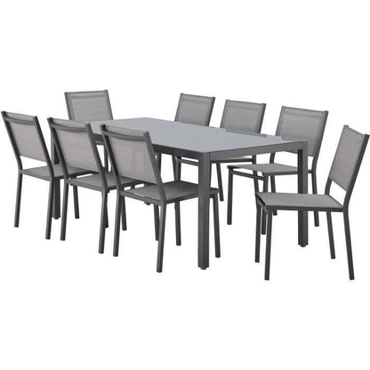Tuinset: tafel van 180 cm + 8 stoelen - Aluminium structuur - Blad van gehard glas - Grijs