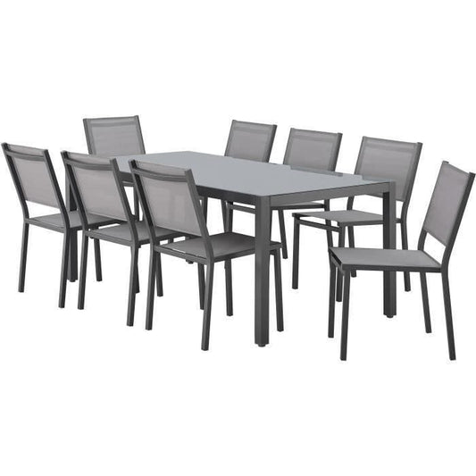 Tuinset: tafel van 180 cm + 8 stoelen - Aluminium structuur - Blad van gehard glas - Grijs
