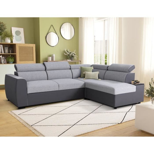 KELIO omkeerbare hoekbank - 4/5 zitplaatsen  - Silex PU bi-materiaal stof / Grijs - 3 hoofdsteunen - 245 x 184 x 77/87 cm