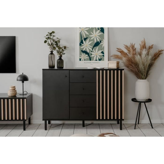 Dressoir - MONZA 01B - Zwart / Artisan eiken - 2 deuren - 4 laden - 118 x 90 x 40 cm