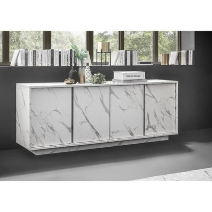Dressoir met 4 deuren - Wit marmer - L 180 x D 43 x H 70 Cm - MARMO