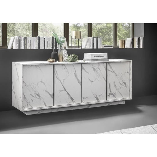 Dressoir met 4 deuren - Wit marmer - L 180 x D 43 x H 70 Cm - MARMO