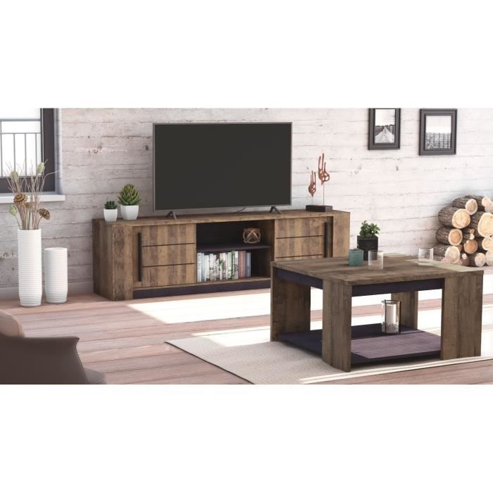MONACO TV-meubel - 2 schuifdeuren + 3 planken - Eiken en zwart houtdecor - L184,5 x D42,3 x H51,8 cm - DEMEYERE