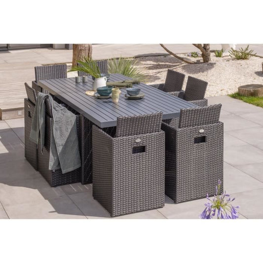 Inbouw tuinset - Zwart - Rotan van hars en aluminium dienblad - 8 plaatsen - PVC-8-ALU-N - DCB GARDEN