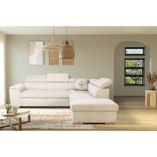 DAYTONA 5-zits omkeerbare converteerbare hoekbank - Beige ribfluweel - Opbergdoos - L 260 x H 94 x D 216 cm