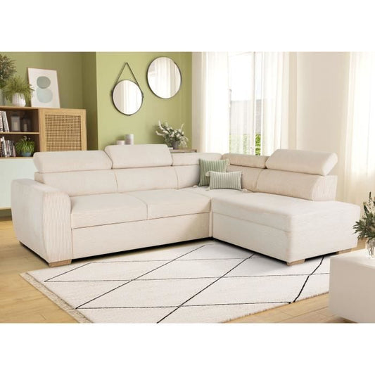 KELIO Omkeerbare hoekbank - 4 plaatsen - Beige ribfluweel stof - 245 x 184 x 87cm