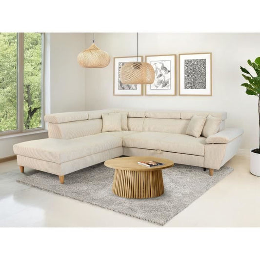 WESTON 4-zits slaapbank - Beige ribfluweel - Verstelbare hoofdsteunen - 259 x 227 x 77/92 cm