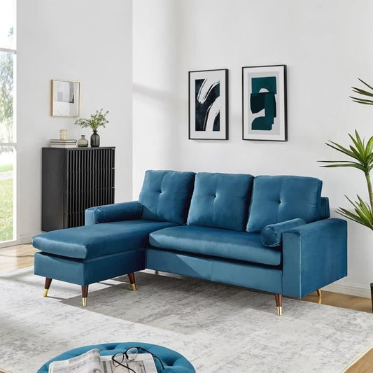 New York Omkeerbare vaste hoekbank - 3 plaatsen - blauwe stof - hout en gouden voeten - l 194 x d 139 x H 83