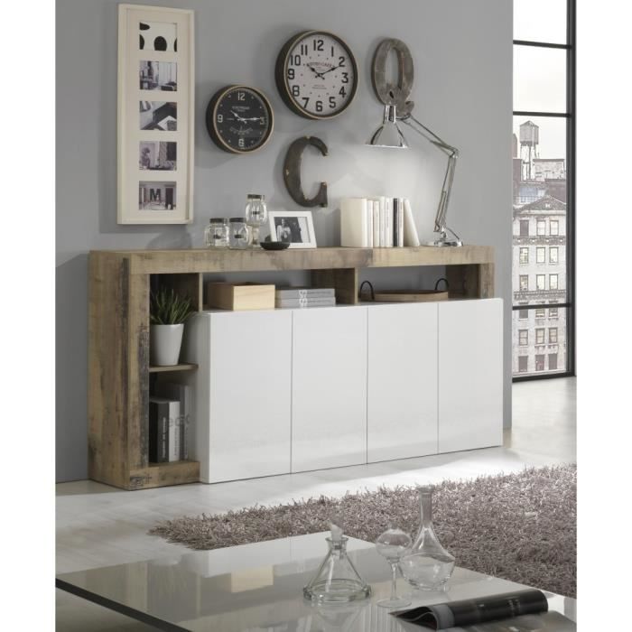 Dressoir met 4 deuren - glanzend gelakt wit en vintage houtimitatie - L 184 x D 42 x H 93 cm - MAESTRO