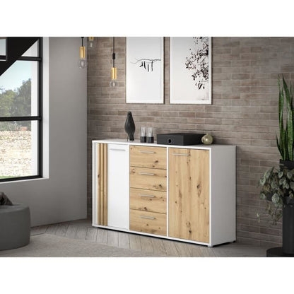 DRESSOIR CARDIGAN 2 deuren, 4 laden - Artisan eiken en wit decor - L142,6 x D34,2 x H82,3 cm - Metalen handgrepen met aluminium effect
