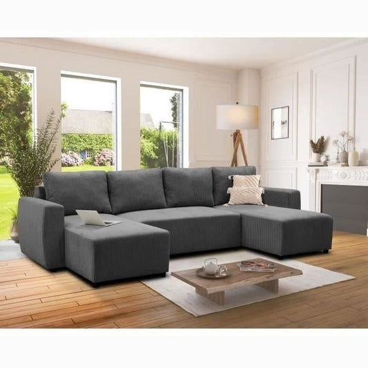 PHARELL 5/6-zits panoramische converteerbare hoekbank - Antraciet ribfluweel stof - Opbergdoos - L297 x P155 x H7