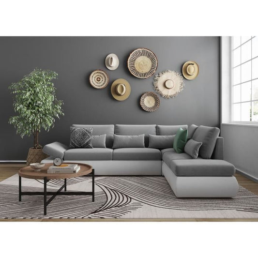 SEVARA 4-zits hoekbank - Wit PU en lichtgrijze stof - Opbergdoos - L267 x D200 x H90 cm