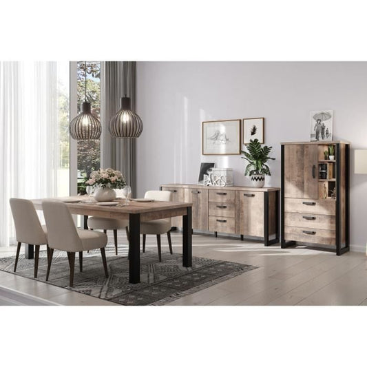 EMILE dressoir - Tabaksbruin eiken en matzwarte melamine - 3 deuren + 3 lades - L214 x D45 x H86 cm - TRENDTEAM