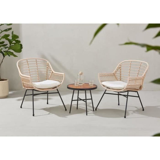 SUMATRA tuinmeubelen: salontafel + 2 fauteuils - Ecru geweven hars