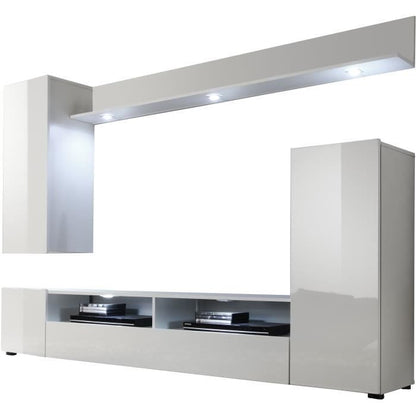 DOS TV-meubelset - 3 Deuren - LED - Mat en glanzend wit melamine - L208 x D33 x H165 cm
