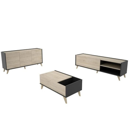 Tv-meubel set met 2 kleppen + dressoir 3 deuren + salontafel - Natuurlijk eiken en grafiet - NESS