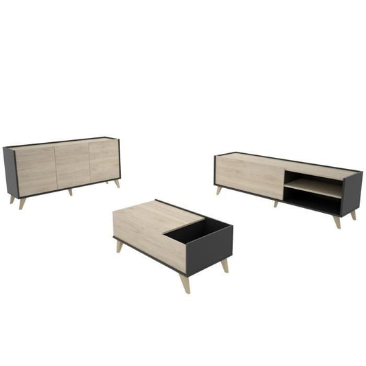 Tv-meubel set met 2 kleppen + dressoir 3 deuren + salontafel - Natuurlijk eiken en grafiet - NESS