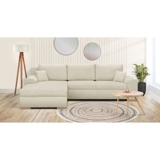 INDIAN 5-zits hoekbank - Beige ribfluweel stof - Opbergvak - 289 x 94/188 x 88 cm