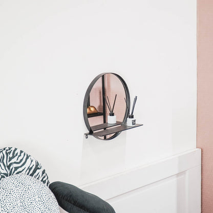 HV Ronde Metalen Spiegel met Plank - Zwart - Ø40cm