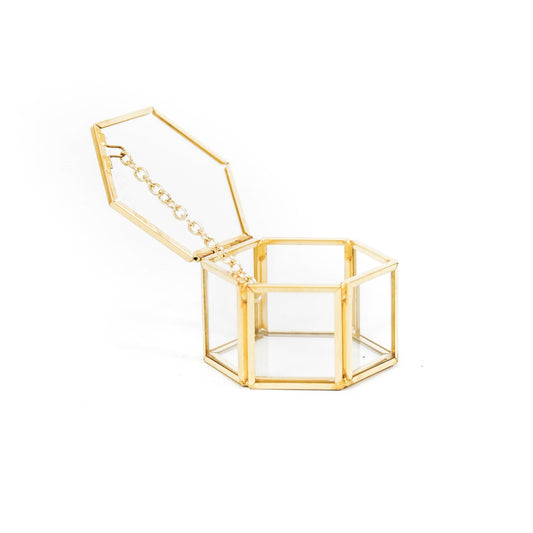 Opbergdoos - Zeshoek - Metaal/Glas - Goud - 6x5,5x3,5cm