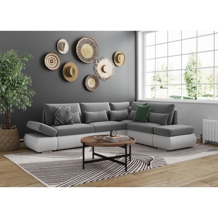 SEVARA 4-zits hoekbank - Wit PU en lichtgrijze stof - Opbergdoos - L267 x D200 x H90 cm