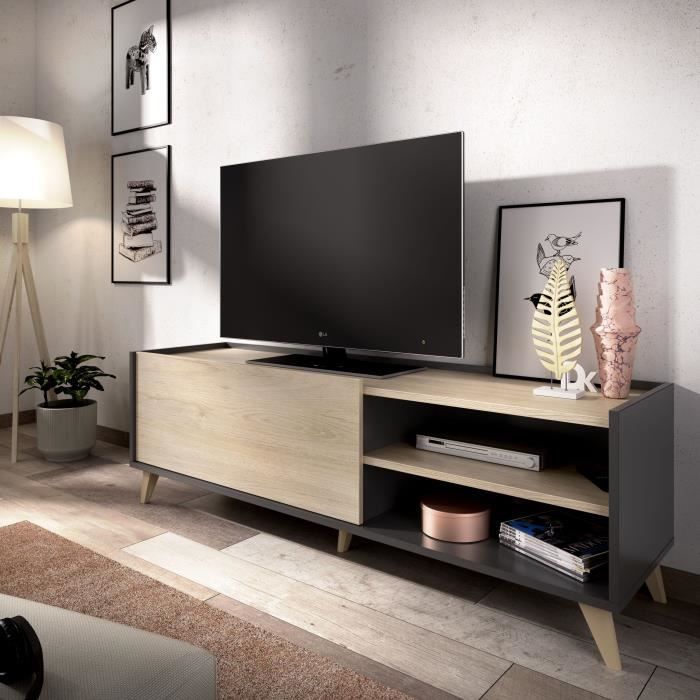 Tv-meubel set met 2 kleppen + dressoir 3 deuren + salontafel - Natuurlijk eiken en grafiet - NESS