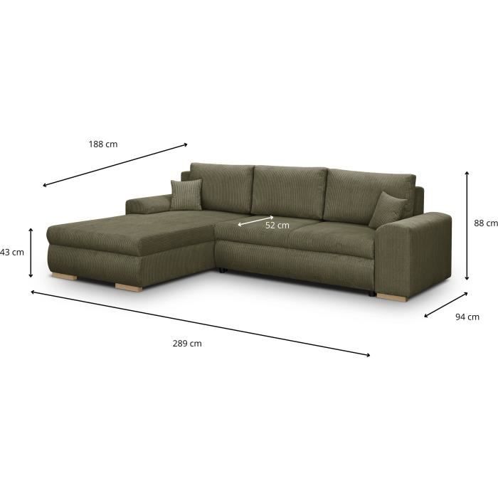 INDIAN hoekbank met 5 zitplaatsen - Khakigroene corduroy stof - Opbergvak - 289 x 94/188 x 88 cm