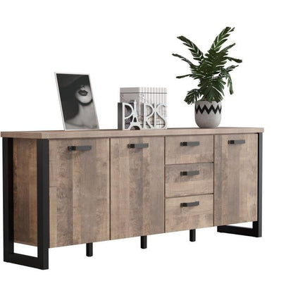 EMILE dressoir - Tabaksbruin eiken en matzwarte melamine - 3 deuren + 3 lades - L214 x D45 x H86 cm - TRENDTEAM