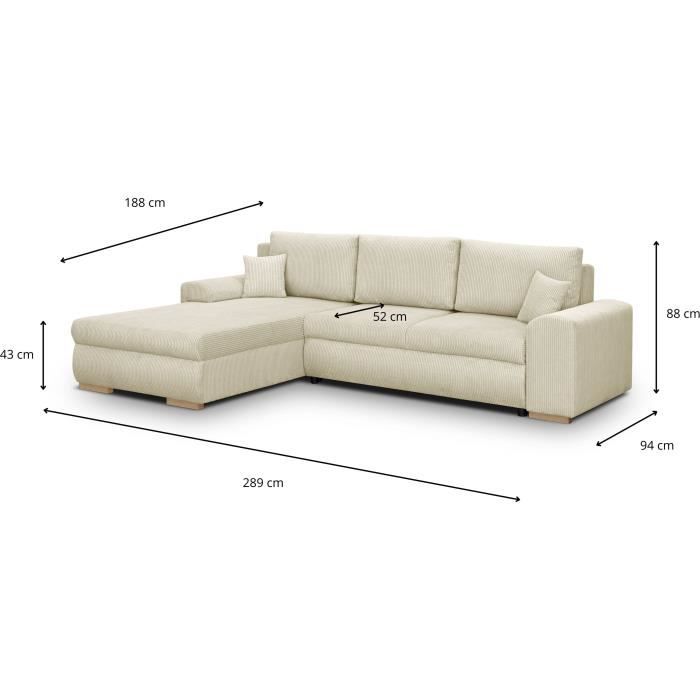 INDIAN 5-zits hoekbank - Beige ribfluweel stof - Opbergvak - 289 x 94/188 x 88 cm