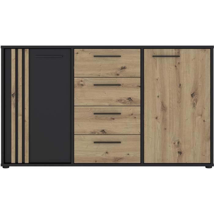 DRESSOIR CARDIGAN 2 deuren, 4 laden - Ambachtelijk eiken en zwart decor - L142,6 x D34,2 x H82,3 cm - Zwarte metalen handgrepen